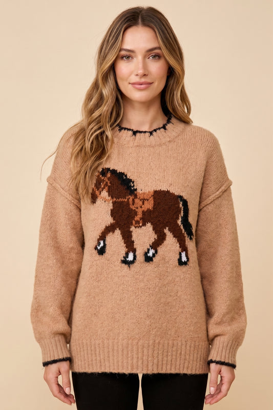 Womens Contrast Detail Horse Knit Sweater