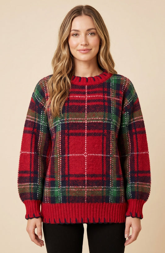 Womens Contrast Piping Detail Plaid Knit Sweater