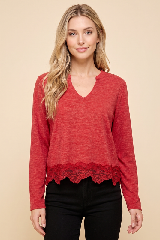 Womens Lace Hemmed V Neck Long Sleeve Knit Top