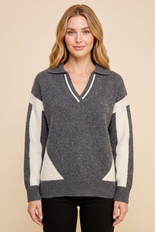 Womens Color Blocked Open Collar Knit Sweater Top