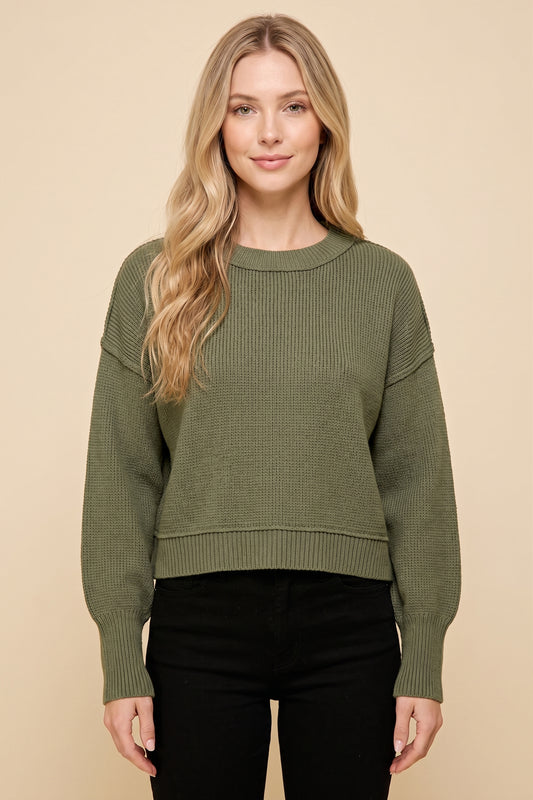 Womens Relaxed Fit Drop Shoulder Rib Cuffed Sweater Top