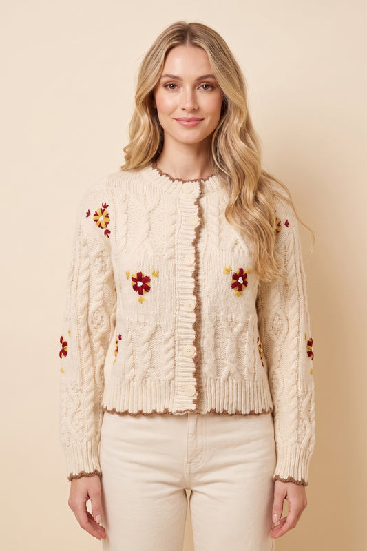 Womens Floral Embroidered Contrast Piped Sweater Cardigan