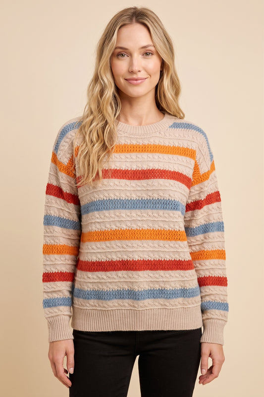 Womens Textured Multi-color Stripe Sweater