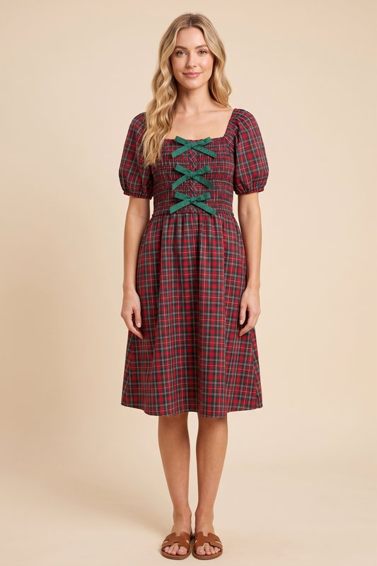 Womens Bow Detailed Smocked Plaid Midi Dress