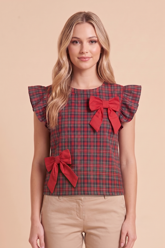 Womens Bow Detailed Ruffle Shoulder Plaid Tank