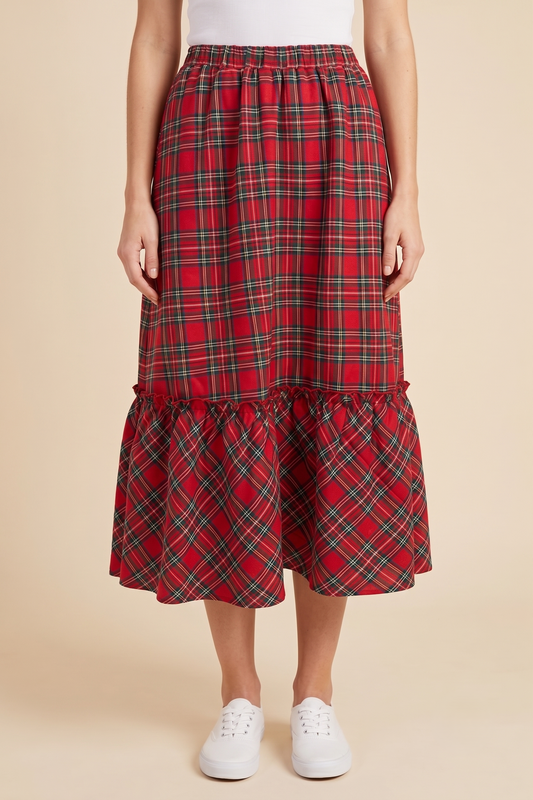 Womens Ruffle Tiered Plaid Midi Skirt