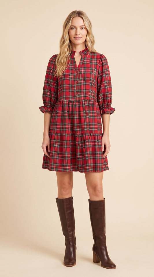 Womens Cinch Sleeve Buttoned Plaid Dress