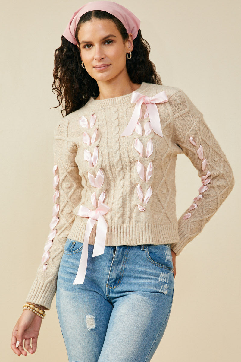 HY9479 Oatmeal Womens Cable Knit Ribbon Accented Sweater Top Front