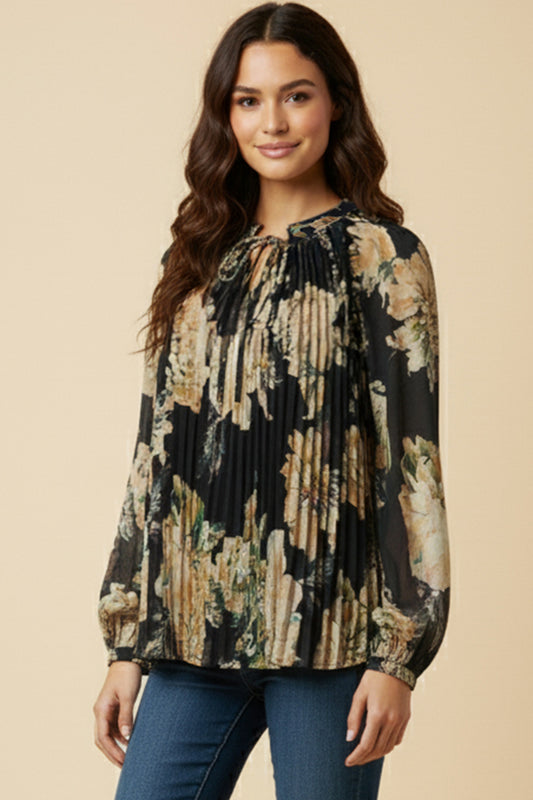 Womens Romantic Floral Pleated Tie Neck Blouse