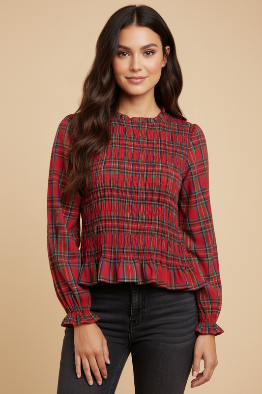 HY9827 Red Womens Plaid Ruffle Neck Smocked Body Top Front