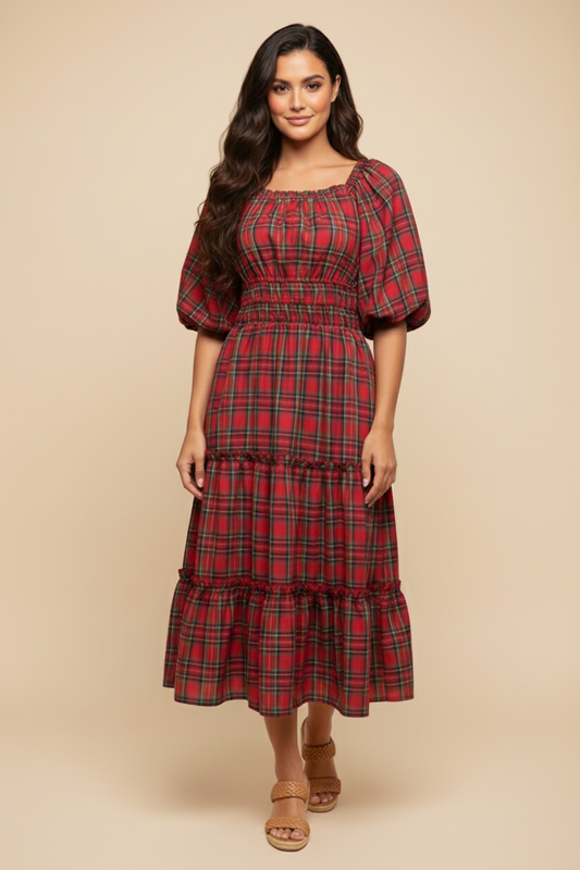 HY9830 Red Womens Plaid Gathered Waist Ruffled Tier Dress Front