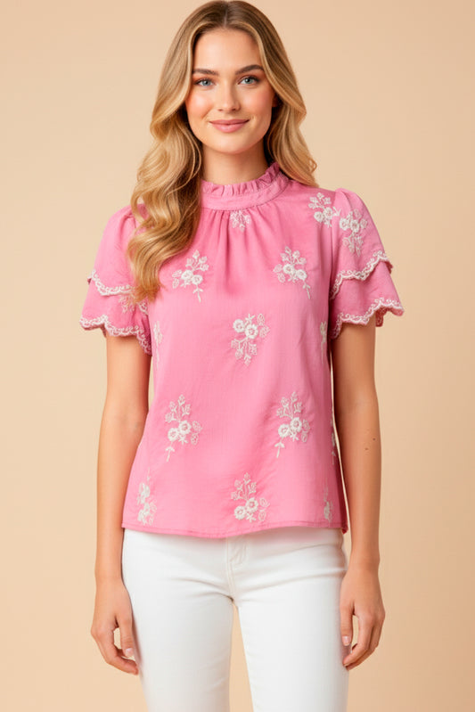 Womens Floral Embroidered Scallop Sleeve Top