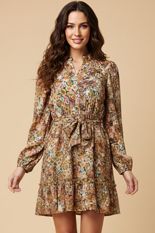 Womens Floral Fruit Print Notch Neck Belted Dress